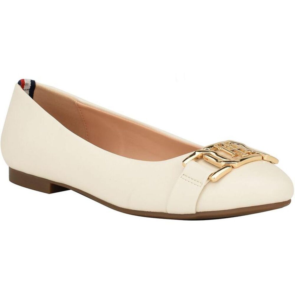 Tommy Hilfiger Womens Gallyne Ivory Logo Flat Slip-On Ballet Flats New